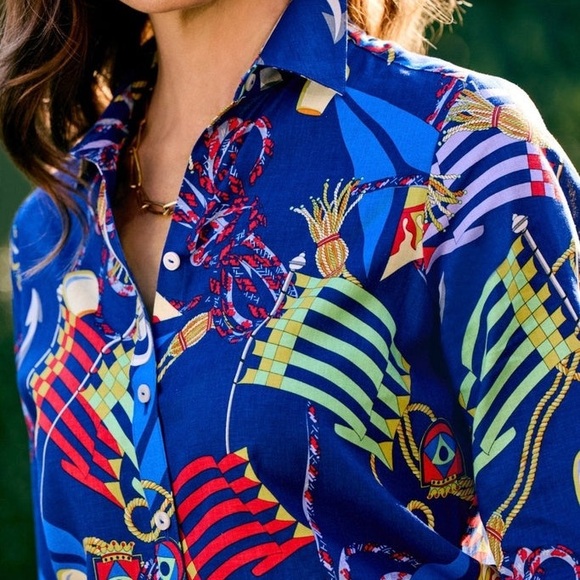 NWT - Foxcroft Zoey Linen Nautical Flags 3/4 Sleeve Shirt - Picture 12 of 14